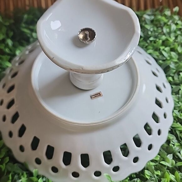 Vintage Japan Moss Rose Pedestal Dish With Gold Tone Detail Coquette Bridal - Picture 8 of 10
